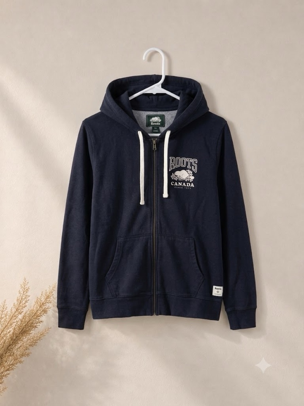 ROOTS - Oversized Navy Blue Zip-Up Hoodie with White Logo
